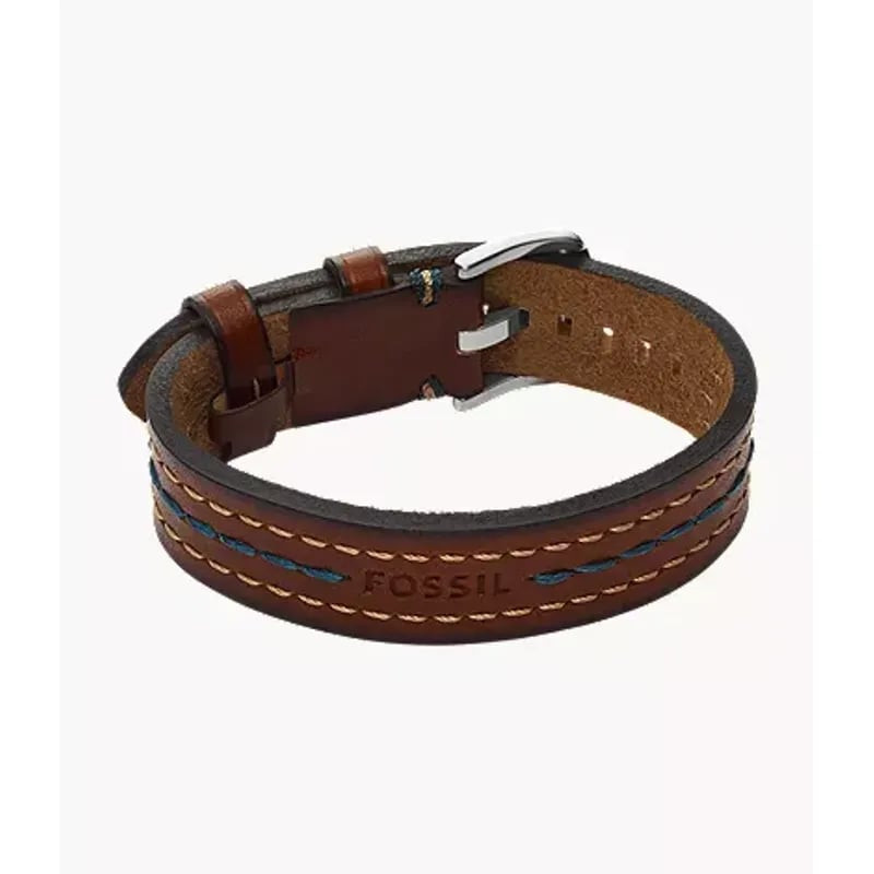 Bracelet cuir marron Fossil Everett argenté, vue packshot sur fond blanc, boucle en acier