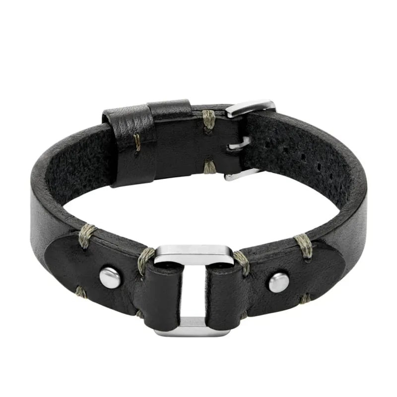 Bracelet Fossil Machine en cuir noir avec surpiqûres dorées, rivets chromés et boucle réglable, vue 