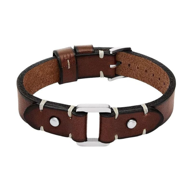 Packshot du Bracelet cuir FOSSIL Machine marron argenté, vue de face sur fond neutre.