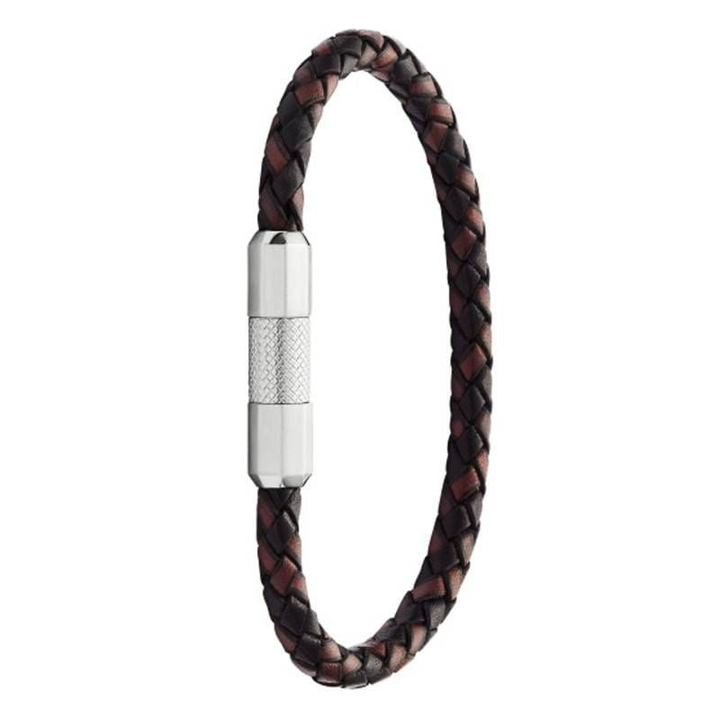Bracelet homme Fossil en cuir marron tressé, debout en forme ovale, fermoir en acier inoxydable à ga