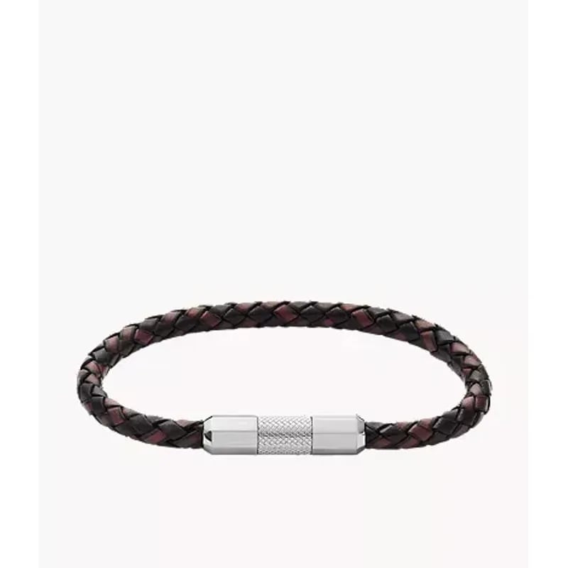 Bracelet Fossil homme en cuir marron tressé posé à plat, fermoir magnétique en acier inoxydable poli
