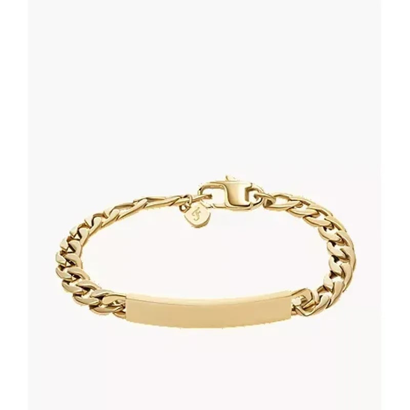 Bracelet Fossil Ellis ID femme en acier inoxydable doré avec plaque ID polie gravable et chaîne gour