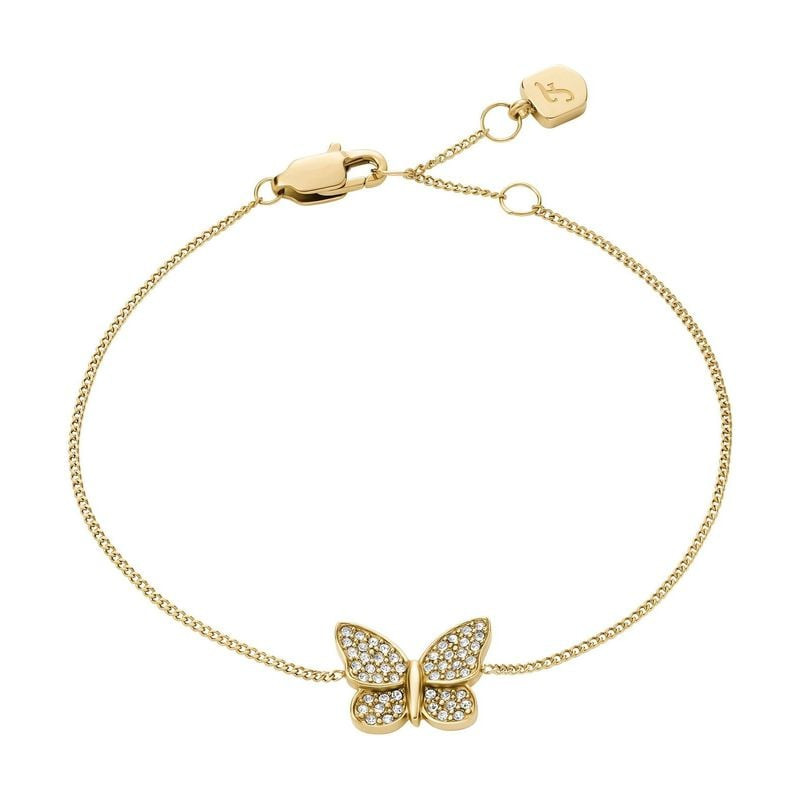 Bracelet chaîne Fossil Sutton papillon acier doré, packshot sur fond blanc