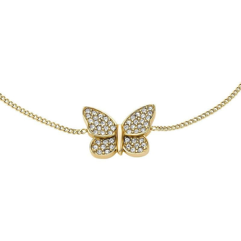 Détail du bracelet chaîne Fossil Sutton avec papillon en acier doré et cristaux scintillants