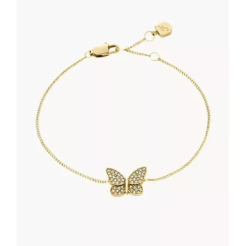 Bracelet chaîne Fossil Sutton papillon acier doré avec cristaux, packshot sur fond blanc