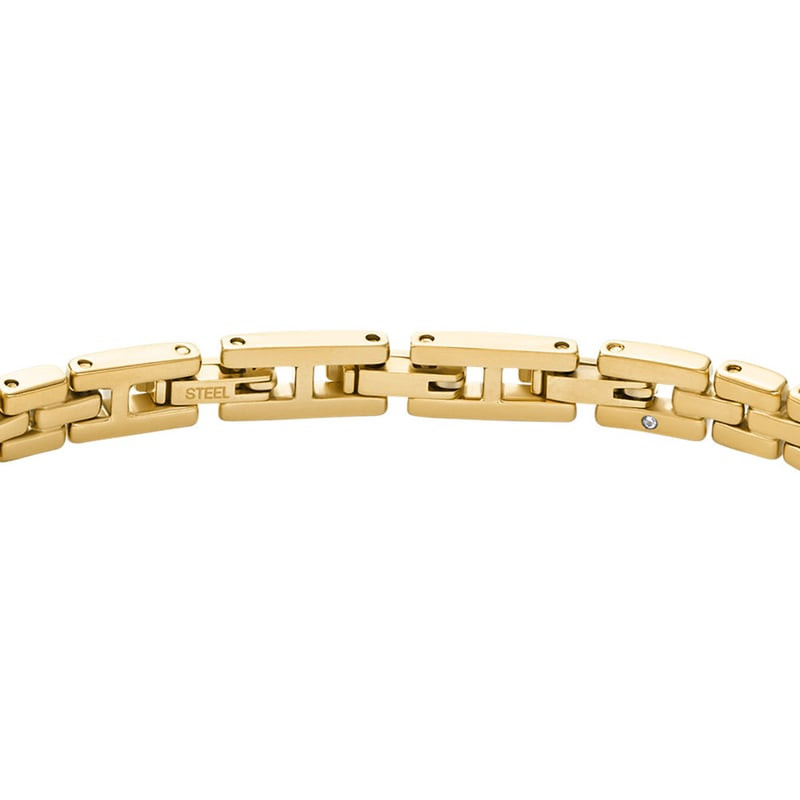 Détail du Bracelet chaîne FOSSIL Arden acier doré avec maillons imbriqués et fermoir rabattable.