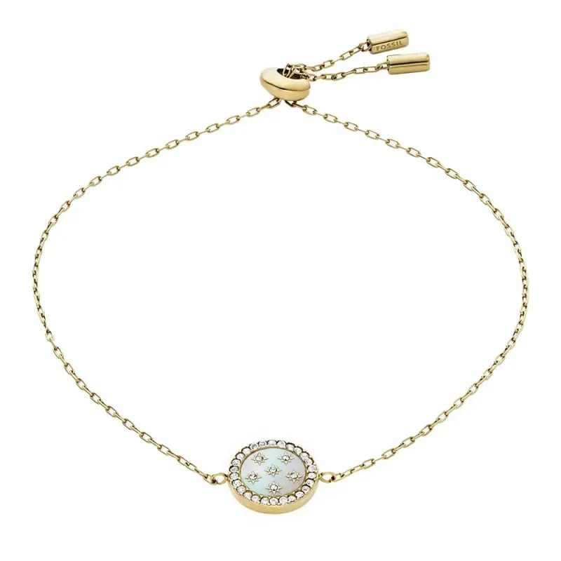 Bracelet chaîne Fossil Classic acier doré cristaux blancs, vue packshot