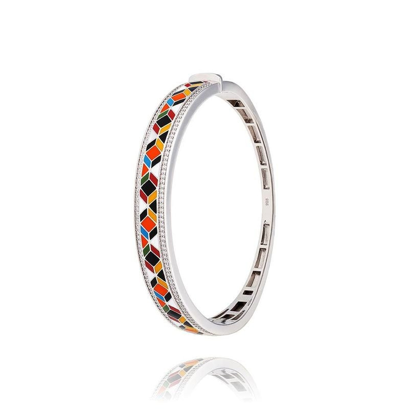 Bracelet jonc argenté avec incrustation de mosaïque multicolore et deux rangées d'oxydes de zirconiu