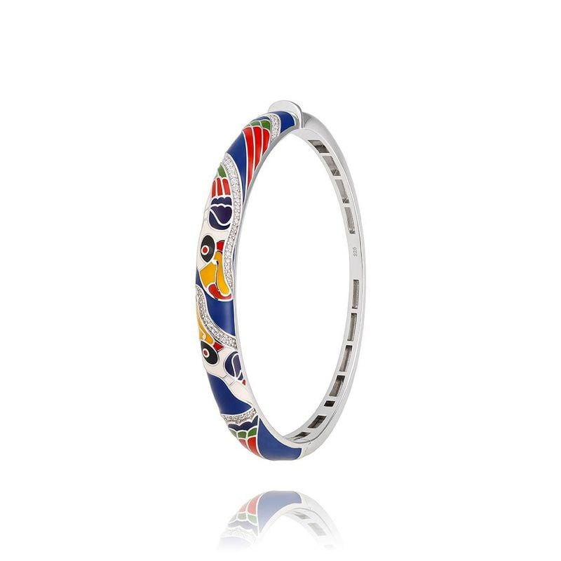 Bracelet jonc UNA STORIA Toucan en argent 925 rhodié avec un motif toucan en émail coloré et zircons