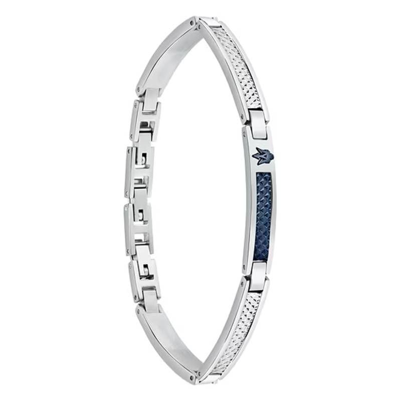 Vue de profil du bracelet Maserati Iconic dressé, montrant ses maillons en acier poli et ses accents