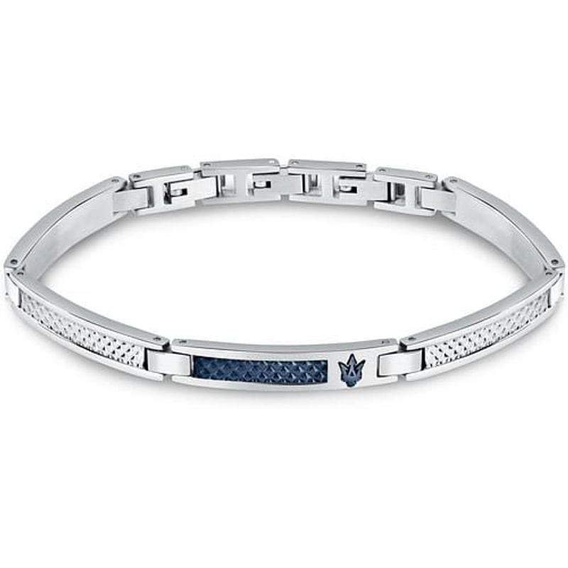 Vue de dessus du bracelet Maserati Iconic en acier avec panneaux en maille bleu IP et logo trident g