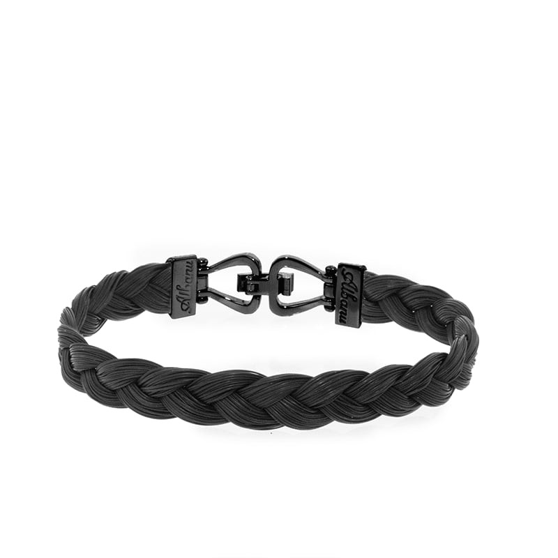 Vue de dessus du bracelet Albanu Naukluft Noir montrant le poil de girafe noir tressé et le fermoir 