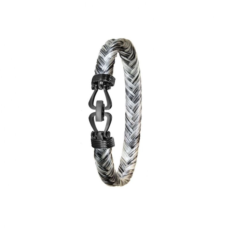 Bracelet Albanu Boerperd en crin de cheval gris, fermoir en acier inoxydable PVD noir, texture tress