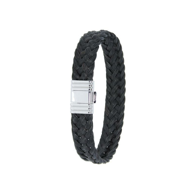 Bracelet en crin de cheval noir tressé avec fermoir en acier PVD poli, packshot sur fond blanc
