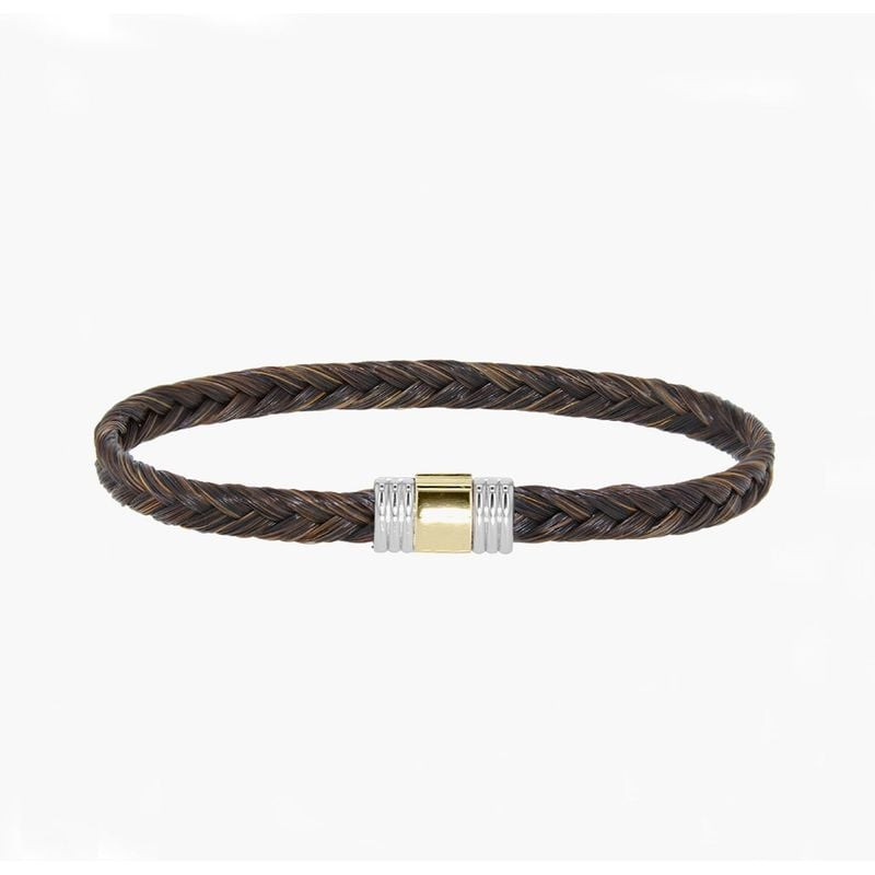 Packshot du Bracelet tressé ALBANU crin marron acier doré sur fond neutre.