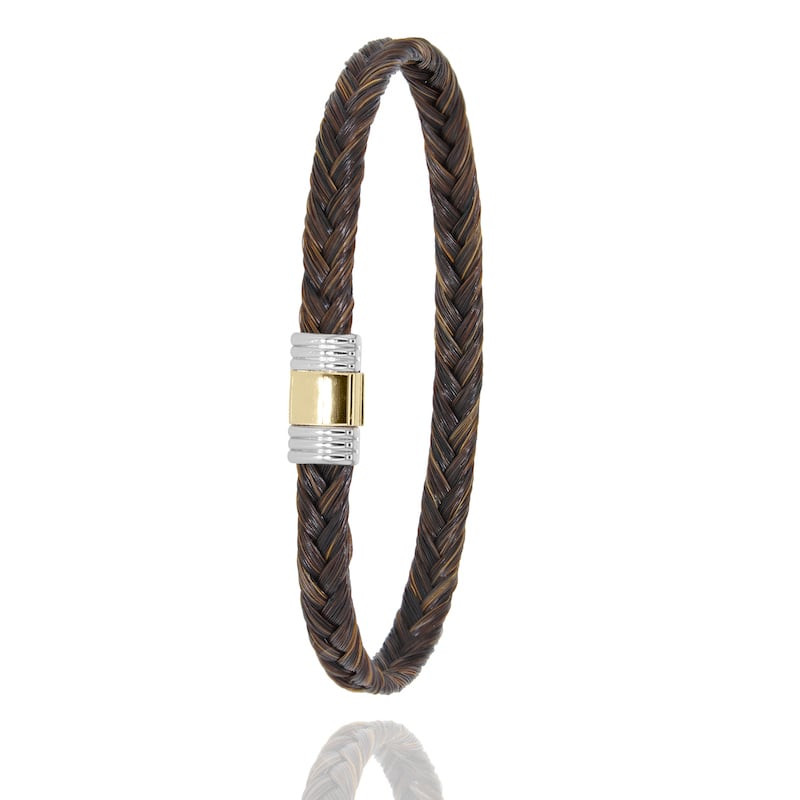 Bracelet tressé ALBANU crin marron acier doré, fermoir or jaune 18 carats, packshot.