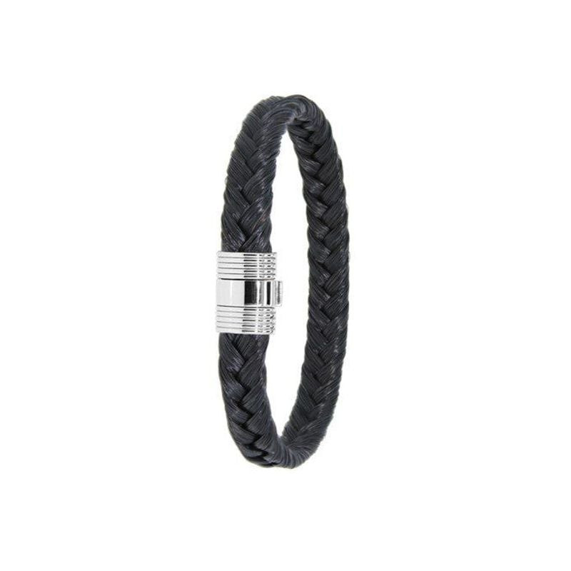 Bracelet tressé en crin de cheval noir, fermoir en acier poli, largeur 9 mm, style équestre de luxe 