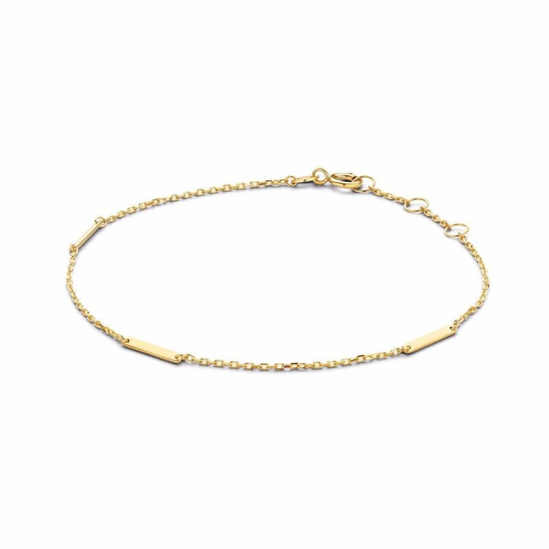 Bracelet minimaliste en or jaune 14 carats avec trois barres polies et une fine chaîne, présenté à p