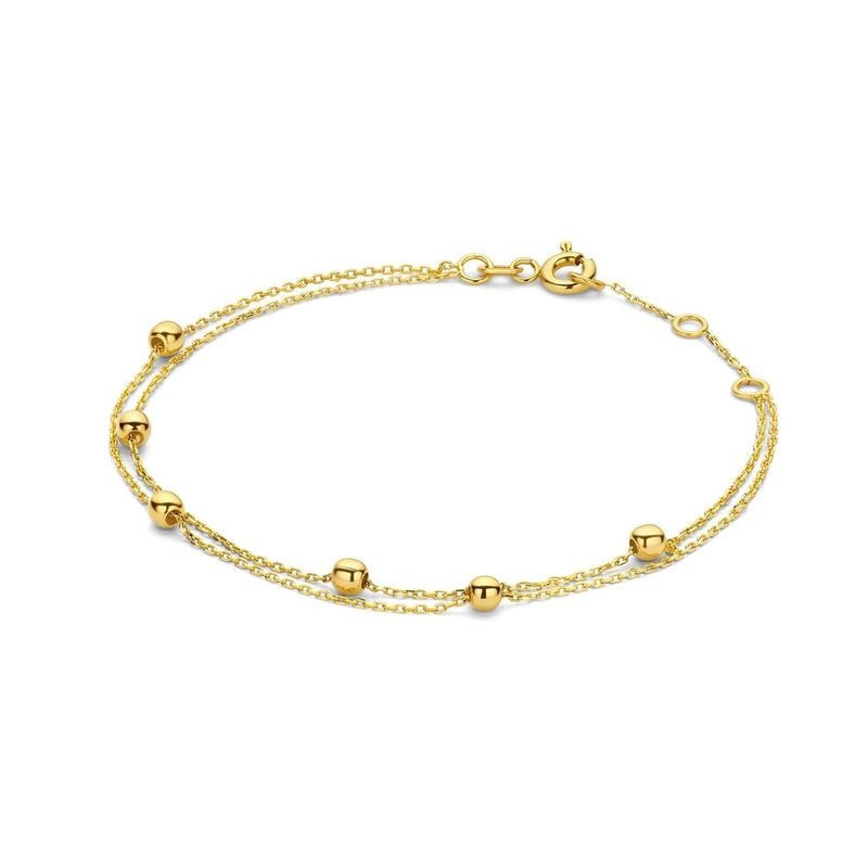 Bracelet Jackie Gold Double Bulles en or 14 carats avec deux fines chaînes et petites perles dorées 