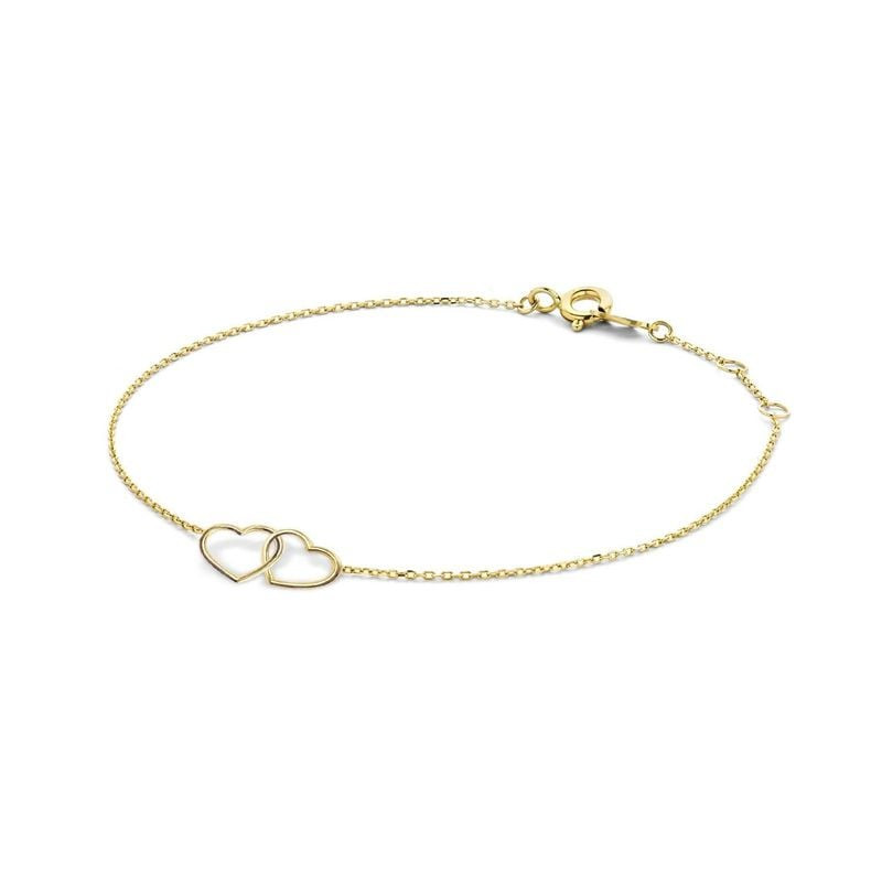 Bracelet Double Cœur en or jaune 14 carats, packshot avec deux cœurs ouverts entrelacés sur une fine