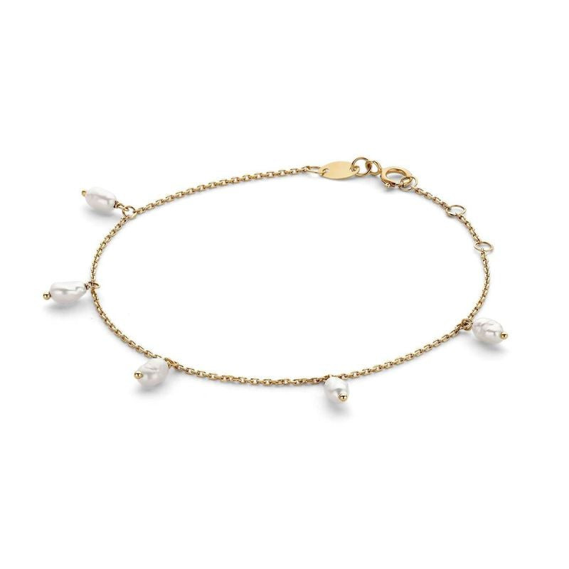 Bracelet chaîne en or jaune 14 carats avec perles de culture d'eau douce blanches pendantes à plat s