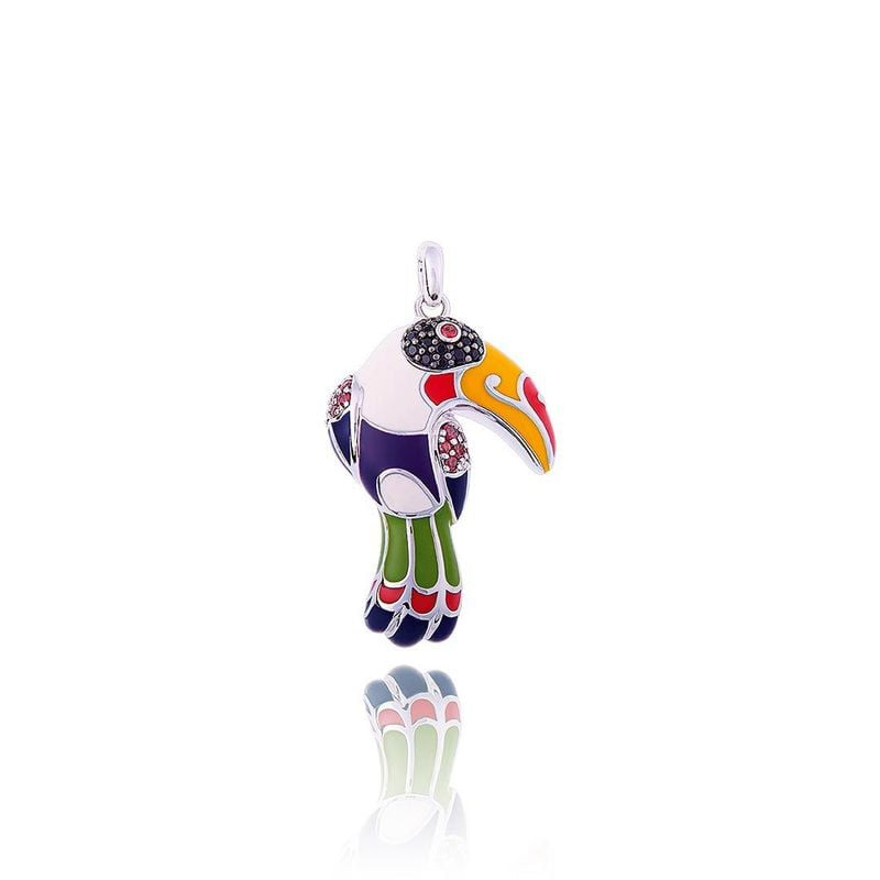 Packshot du pendentif toucan Una Storia en argent 925 avec émail coloré et cristaux pavés noirs sur 