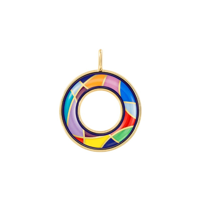 Pendentif FREY WILLE Helena circulaire en émail multicolore peint à la main et bordure plaqué or 24 