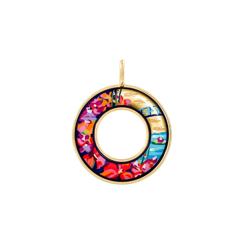 Vue de face du pendentif FREY WILLE Helena doré avec motif The Bridge en émail coloré