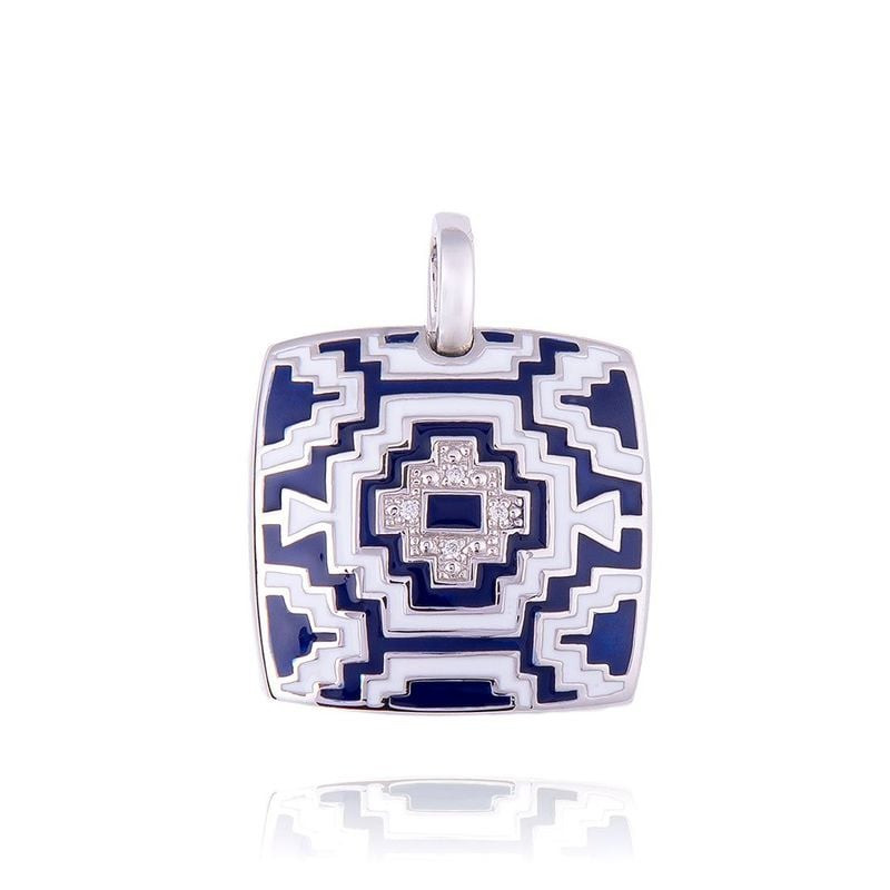 Pendentif UNA STORIA Aztec en argent avec motif géométrique en laque bleue et blanche et zirconium b
