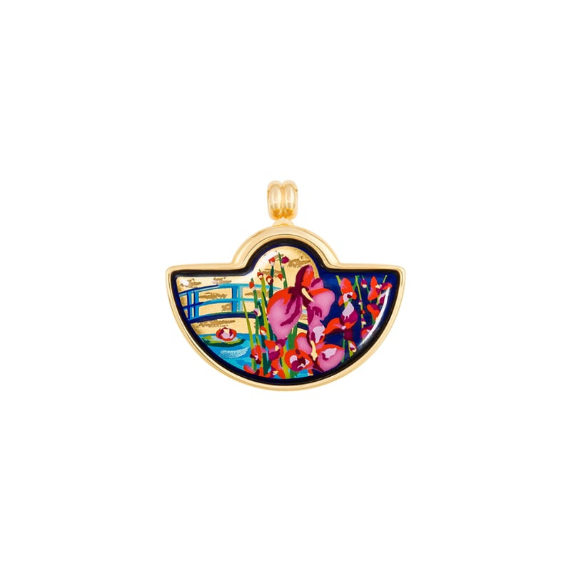 Pendentif FREY WILLE Petite Demi-Lune en émail iris, motif The Bridge de Monet, or 24 carats, fond b