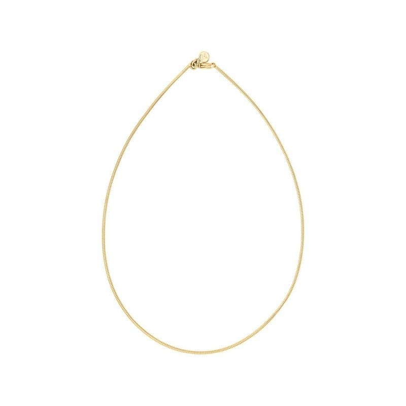 Chaîne Oméga FREY WILLE 45 cm plaquée or, fermoir mousqueton et médaille logo ronde sur fond blanc
