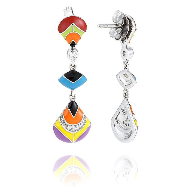 Paire de boucles d'oreilles pendantes UNA STORIA Plume de Paon en argent 925 rhodié avec émail laqué