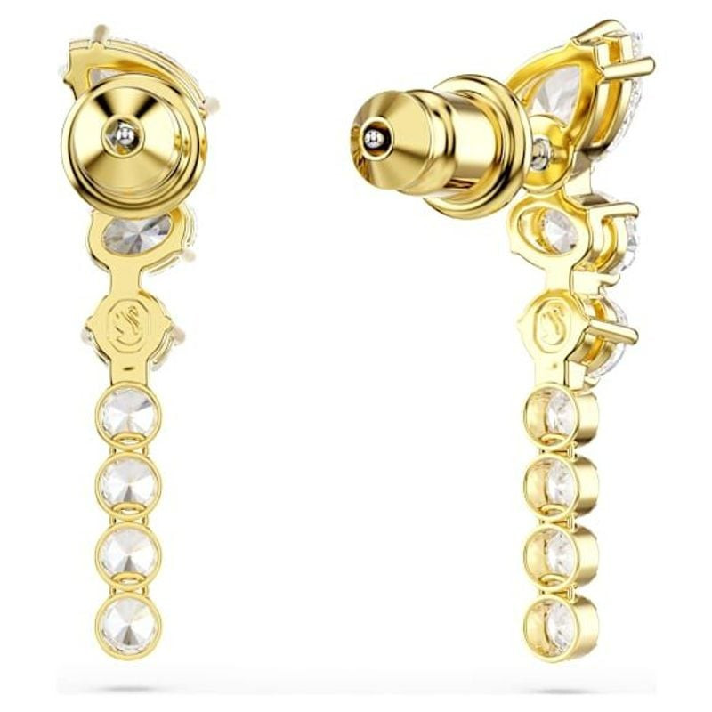 Vue arrière des boucles d’oreilles Swarovski Mesmera : attaches à épingle plaquées or et pendants cr