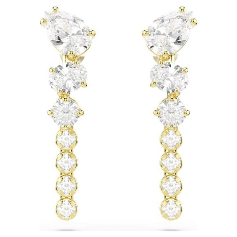 Vue de face des boucles d'oreilles pendantes Swarovski Mesmera, paire assortie de cascades de crista