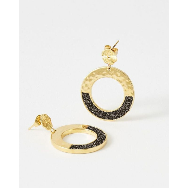 Boucles d'Oreilles Pendantes Flowersforzoé Amarita Noir Scintillant acier doré et cuir noir, packsho