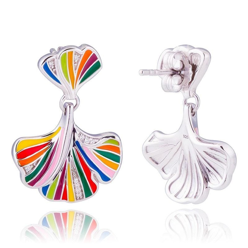 Boucles d'oreilles UNA STORIA Ginkgo en argent 925 rhodié et laque multicolore, vues avant et arrièr