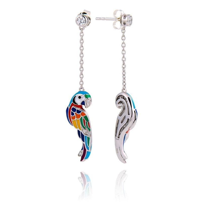 Boucles d'oreilles pendantes UNA STORIA Lovebird perroquet en argent 925 rhodié et émail multicolore