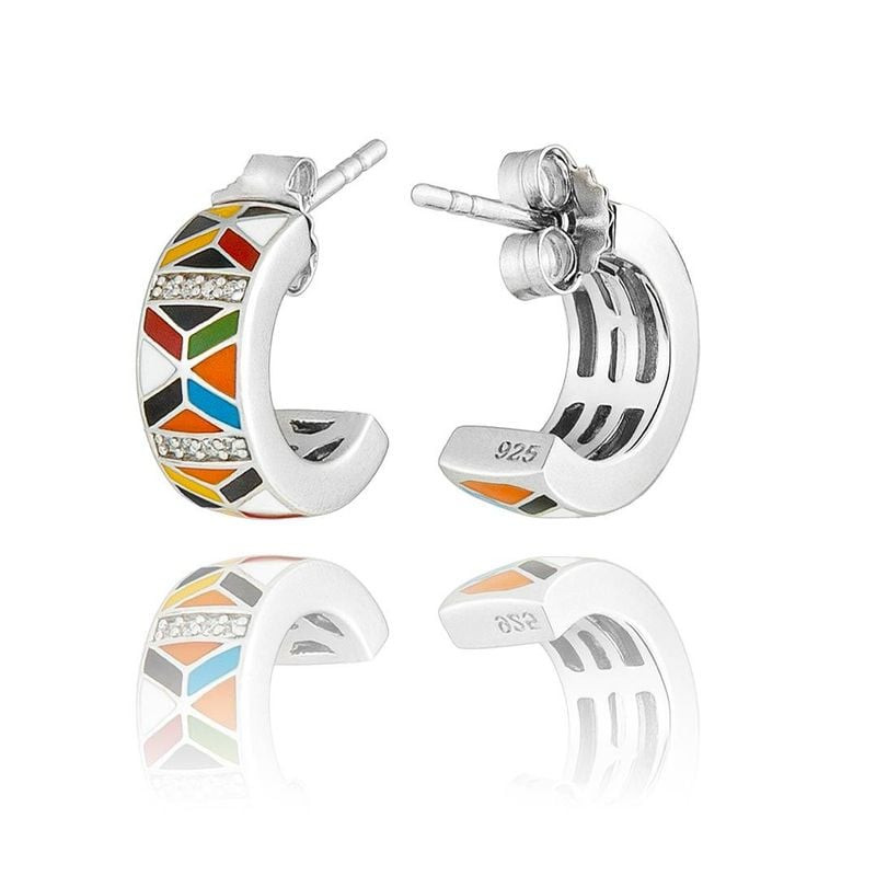 Boucles d'oreilles demi-créoles UNA STORIA Siena en argent, émail mosaïque et cristaux, vues face et