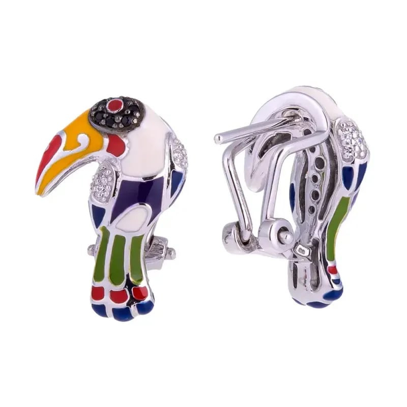 Boucles d'Oreilles Clous Una Storia Toucan Argent Rhodié, émail multicolore et oxydes de zirconium.
