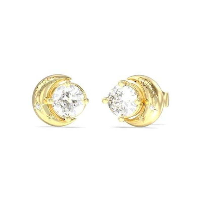 Paire de boucles d'oreilles clous Guess Aurora acier doré, motif lune croissante et zircons cubiques