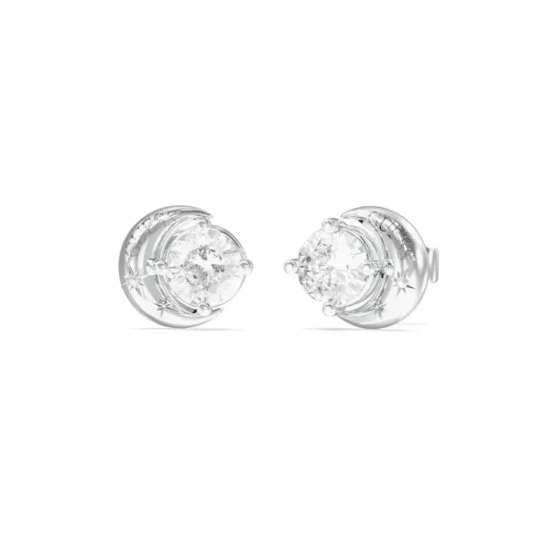 Paire de boucles d'oreilles clous Guess Aurora en acier rhodié, motif croissant de lune et zircons c