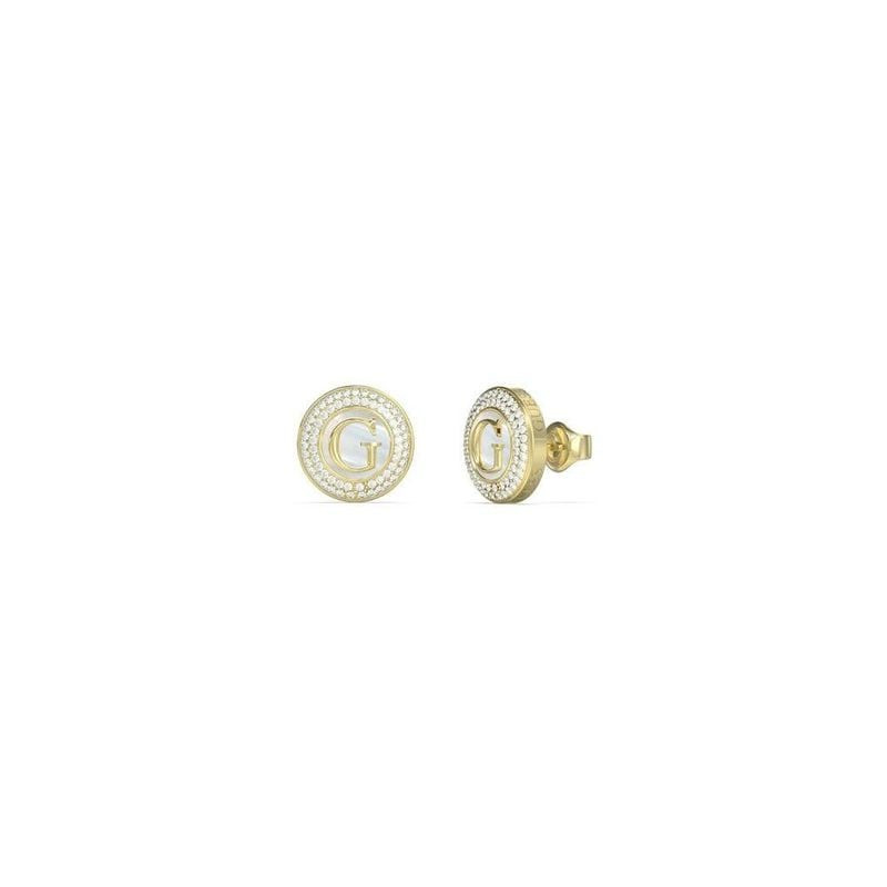 Paire de boucles d'oreilles clous Guess G Talisman dorées, vues de face et de profil sur fond blanc