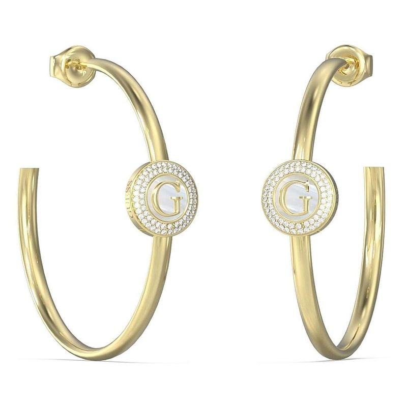 Paire de boucles d'oreilles créoles GUESS G Talisman en acier doré avec breloque G pavée de strass