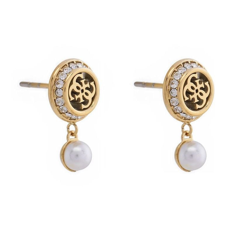 Paire de boucles d'oreilles GUESS dorées, logo 4G, halo de cristaux et perle pendante