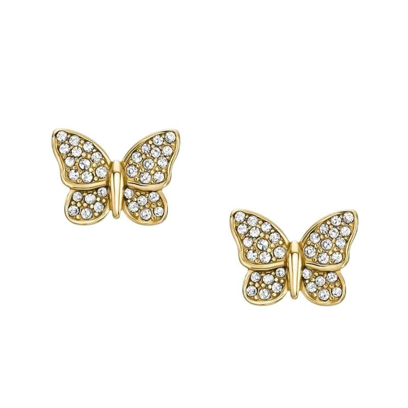 Boucles d'oreilles Puces Fossil Papillon Acier Doré - packshot avec cristaux scintillants.