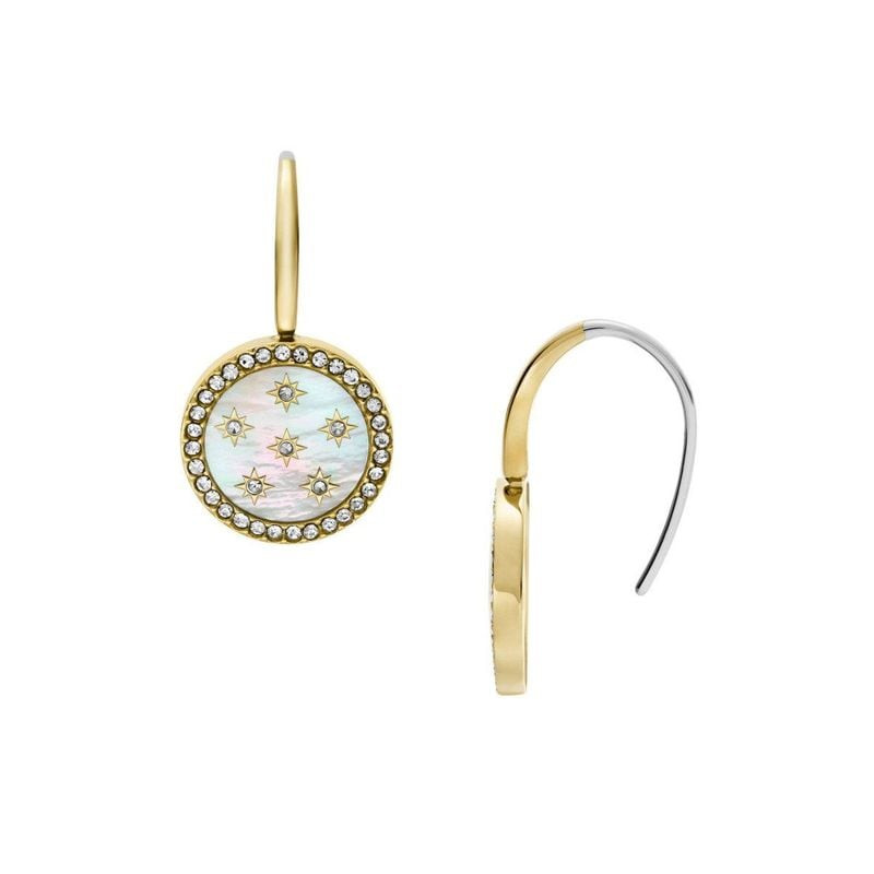 Boucles d'oreilles Pendantes Fossil Goutte étoilée nacre Acier doré, packshot sur fond blanc.