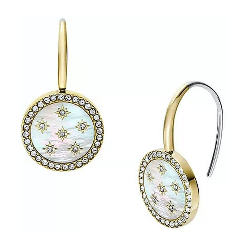 Packshot des Boucles d'oreilles Pendantes Fossil Goutte étoilée nacre Acier doré.