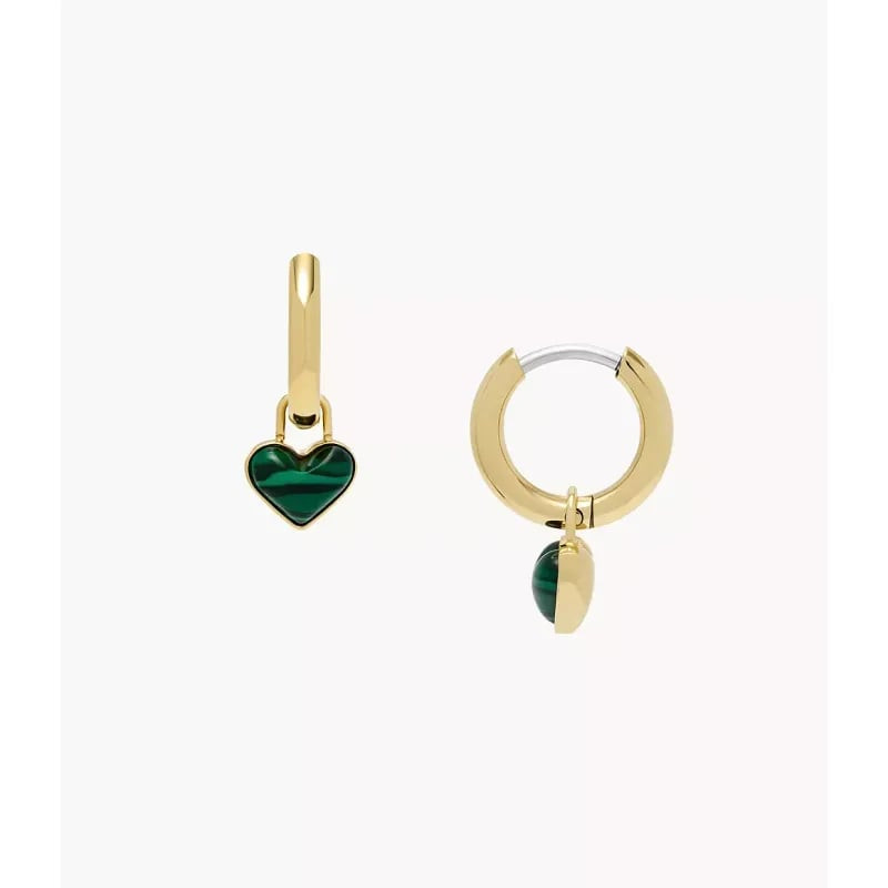 Créoles Fossil Sutton Modern Meadows dorées, vues de face et de profil, chacune avec pendentif cœur 