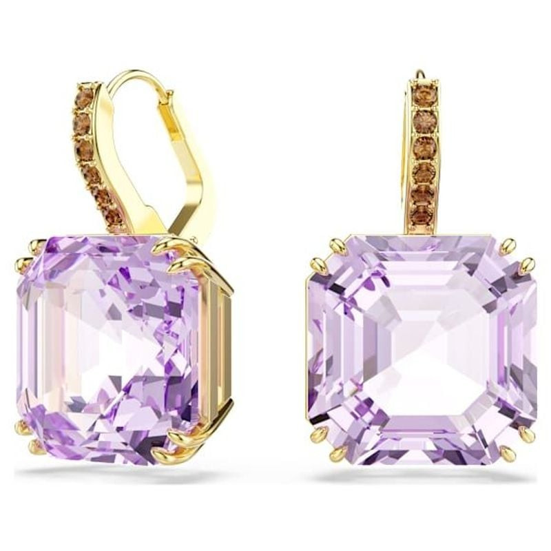 Packshot des Boucles d'oreilles Pendantes Swarovski Carré Cristal Violet Plaqué Or sur fond blanc