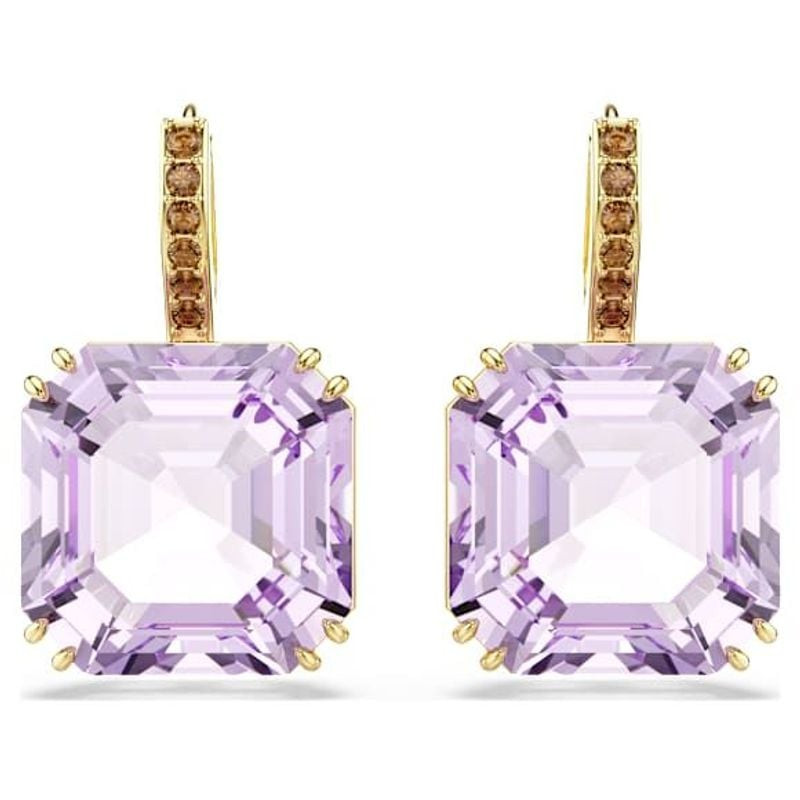 Packshot des boucles d'oreilles Pendantes Swarovski Carré Cristal Violet Plaqué Or, bijou géométriqu